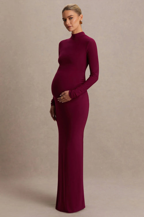 Alejandra Burgundy Maternity Long Sleeve High Neck Maxi Dress
