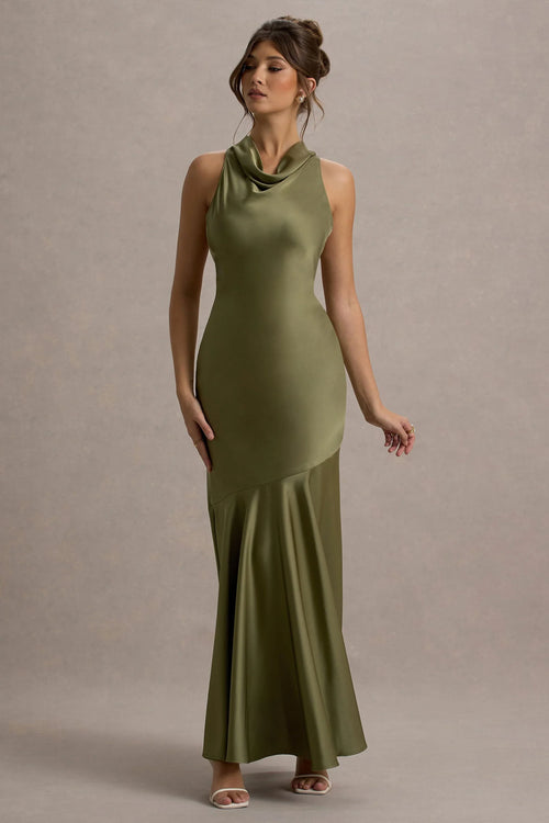 Amelita Khaki Satin Cowl Neck Maxi Dress