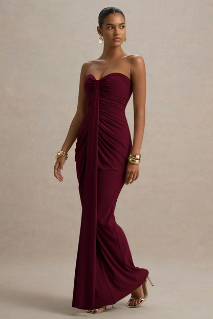 Ali Burgundy Sweetheart Ruched Wrap Maxi Dress