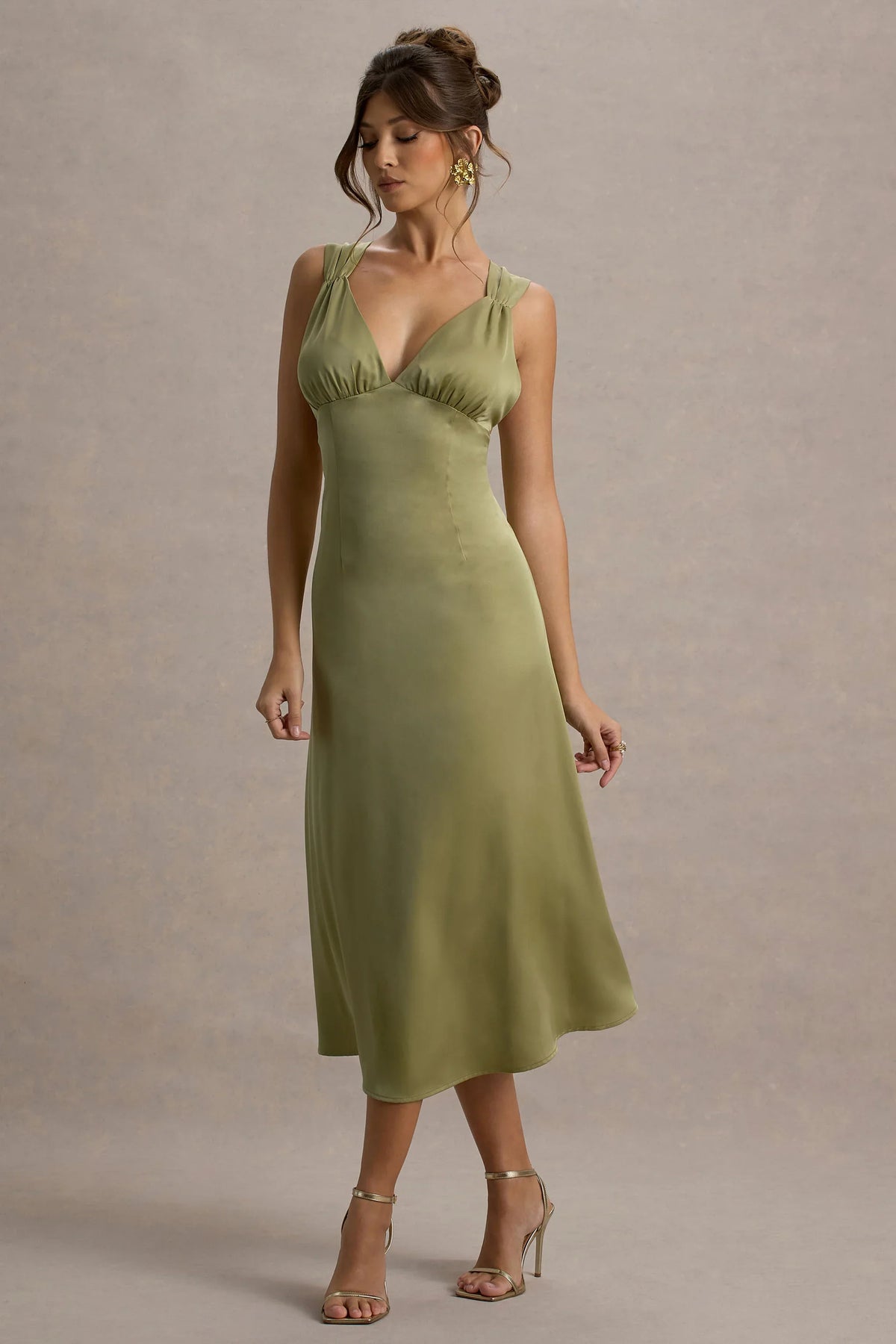 Beck Light Green Satin Plunge Neck Cross Back Midi Dress