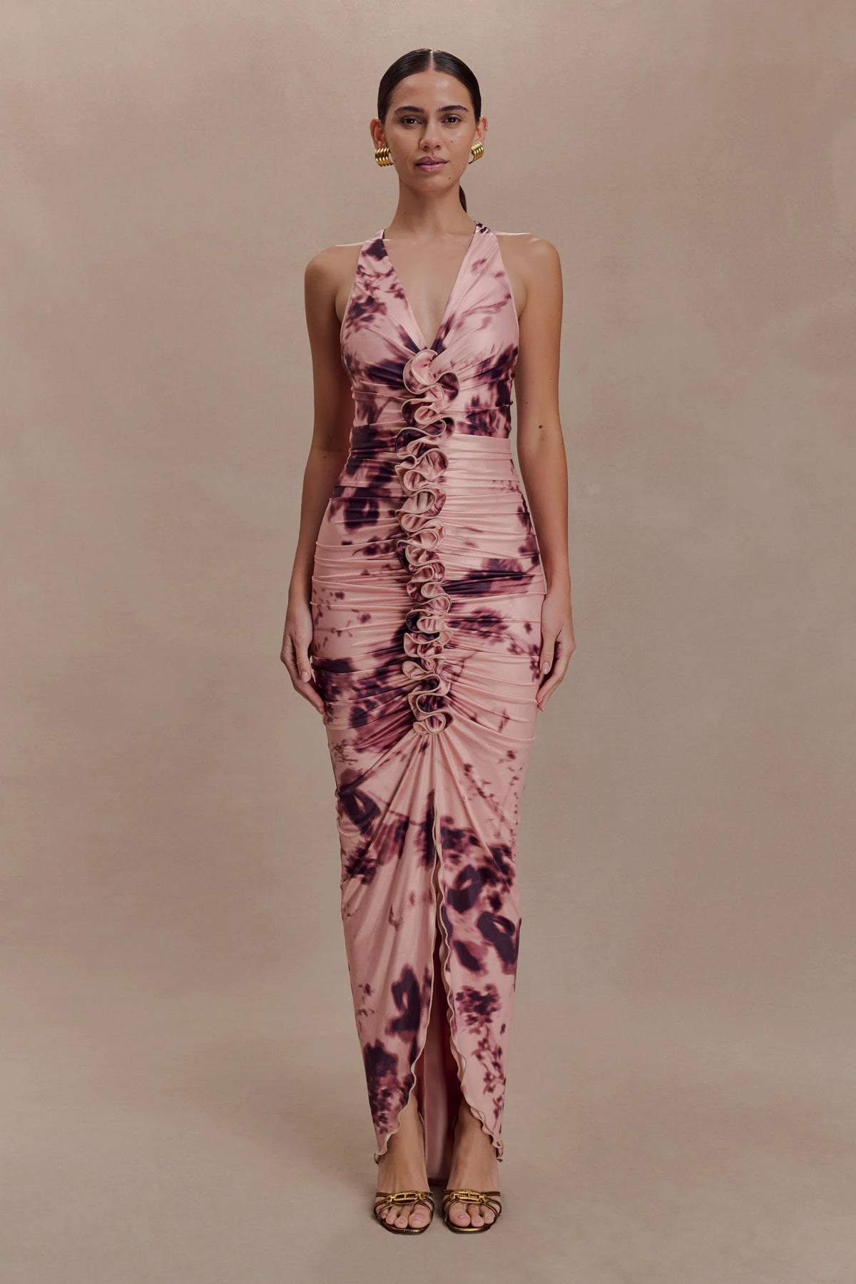 Alessandra Slinky Ruffle Maxi Dress Pink Blurred Floral Print