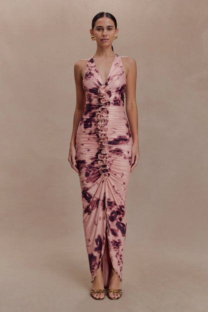 Alessandra Slinky Ruffle Maxi Dress Pink Blurred Floral Print