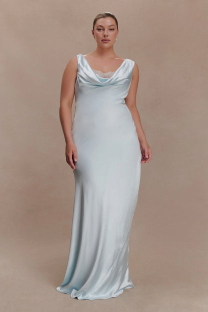 Ashley Cowl Neck Lace And Satin Maxi Dress Ice Blue
