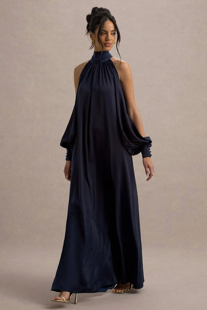 Baila Navy Satin High Neck Cape Sleeve Maxi Dress