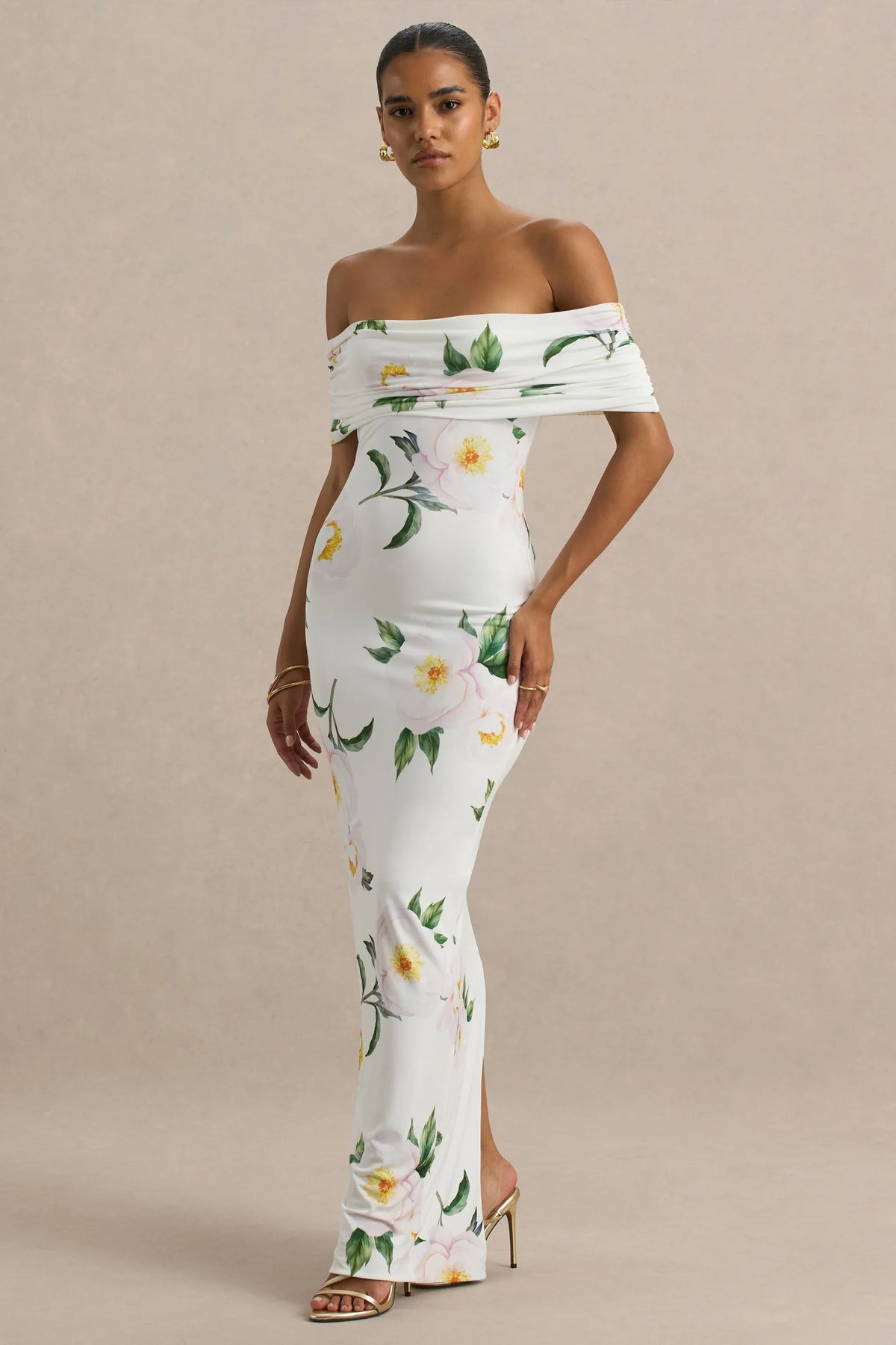 Capri White Rose Print Bardot Neck Maxi Dress With Ruched Detailing