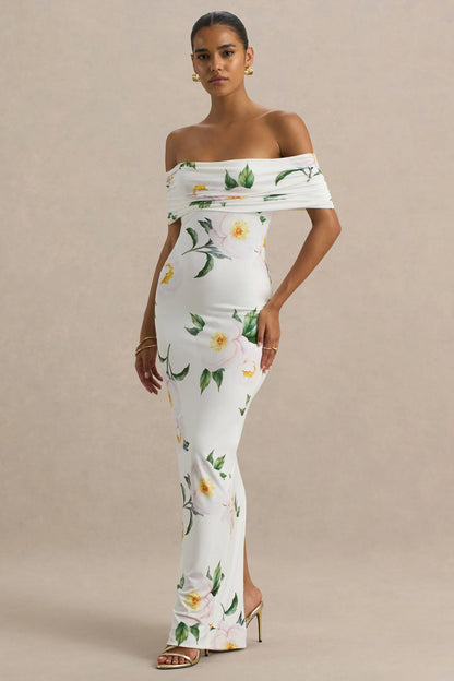 Capri White Rose Print Bardot Neck Maxi Dress With Ruched Detailing