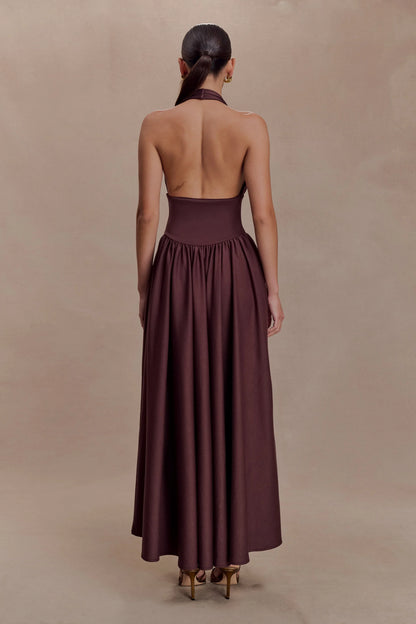 Angelina Scuba Halter Midi Dress Chocolate