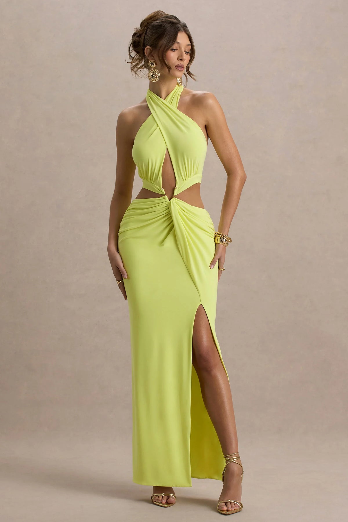 Aura Lime Green Halter Neck Cut Out Split Maxi Dress