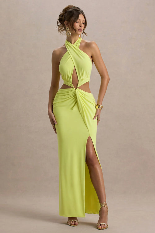 Aura Lime Green Halter Neck Cut Out Split Maxi Dress