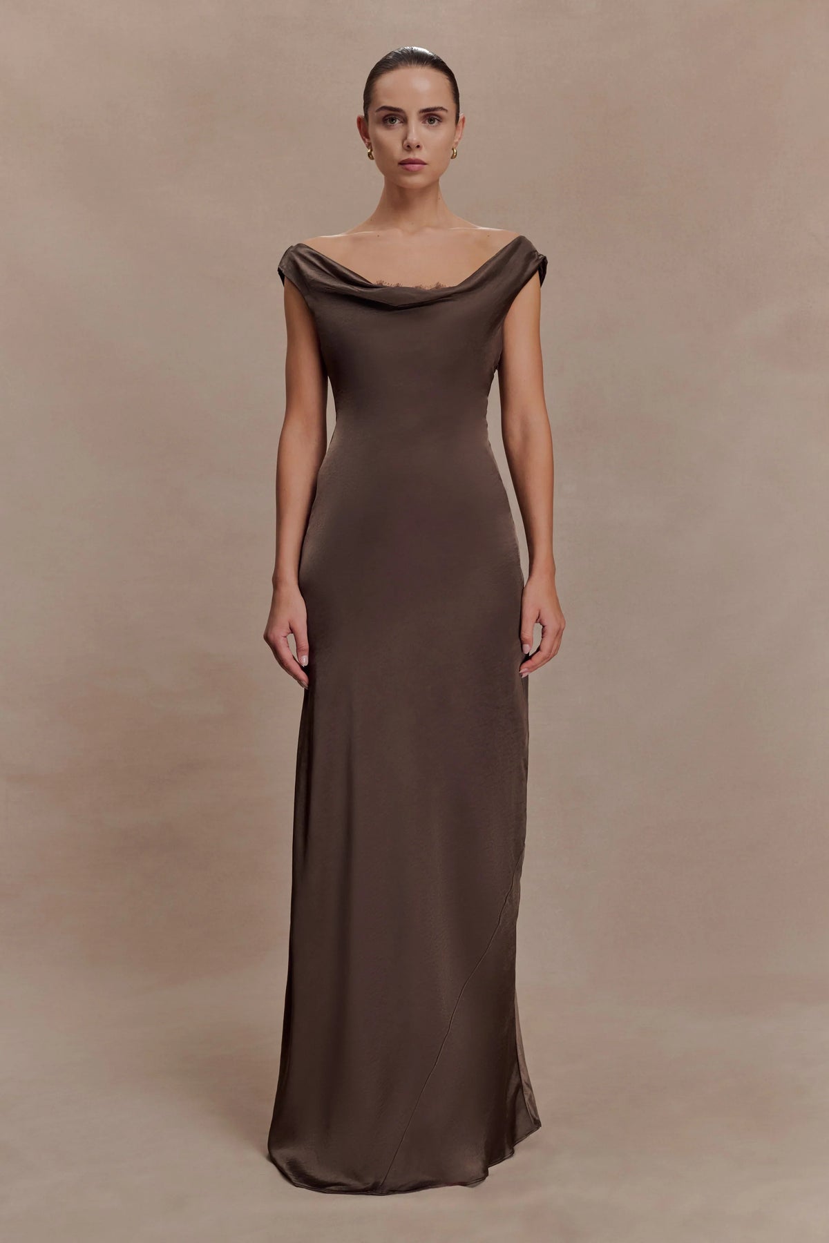 Ashley Cowl Neck Lace And Satin Maxi Dress Mocha