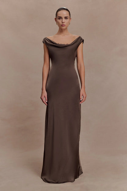 Ashley Cowl Neck Lace And Satin Maxi Dress Mocha