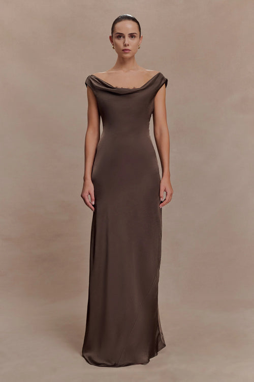 Ashley Cowl Neck Lace And Satin Maxi Dress Mocha