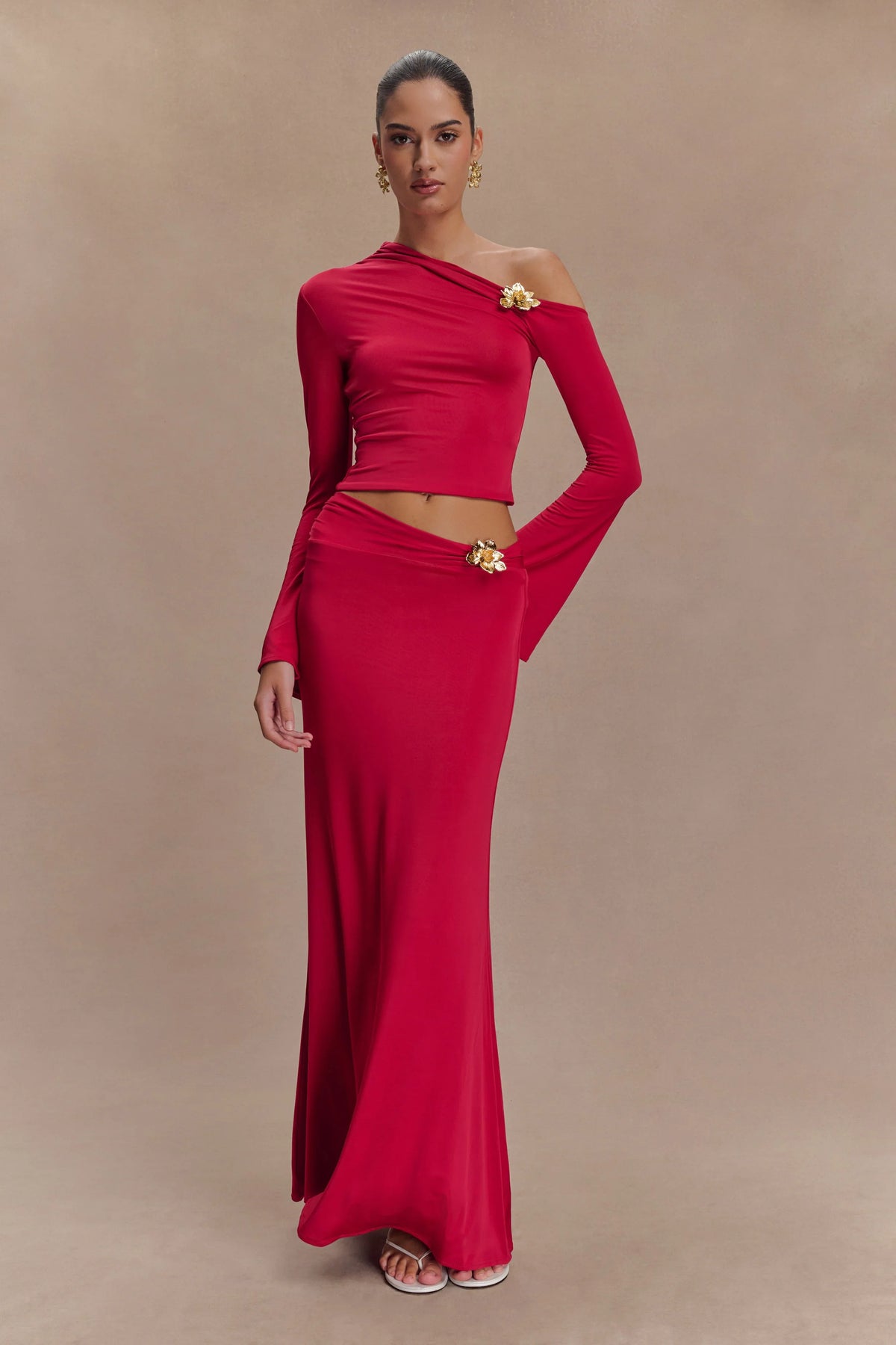 Ainsley Asymmetrical Maxi Skirt With Floral Hardware Fuchsia Pink