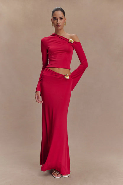 Ainsley Asymmetrical Maxi Skirt With Floral Hardware Fuchsia Pink