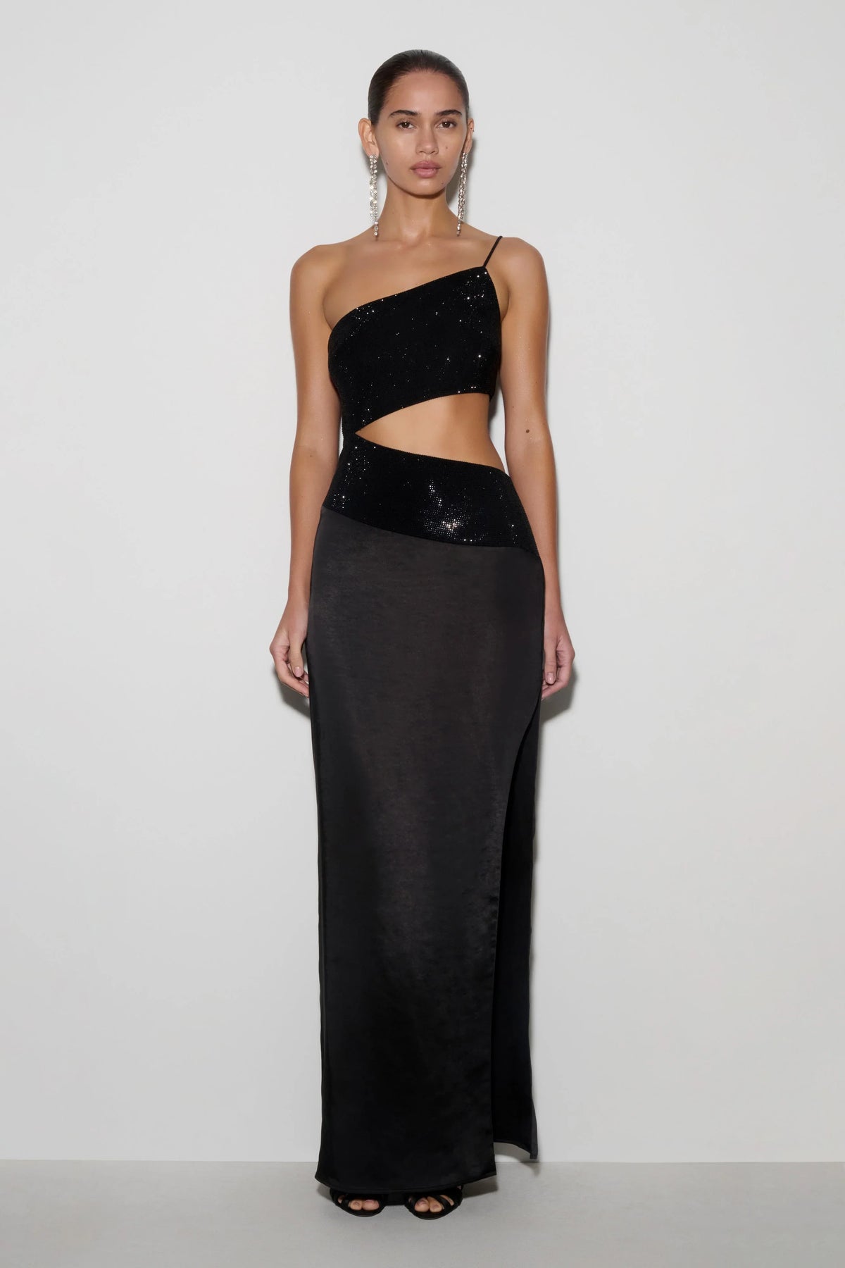 Athena One Shoulder Diamante Maxi Dress Black