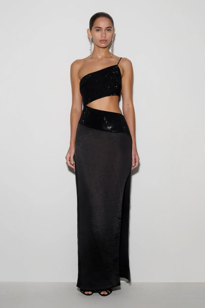 Athena One Shoulder Diamante Maxi Dress Black