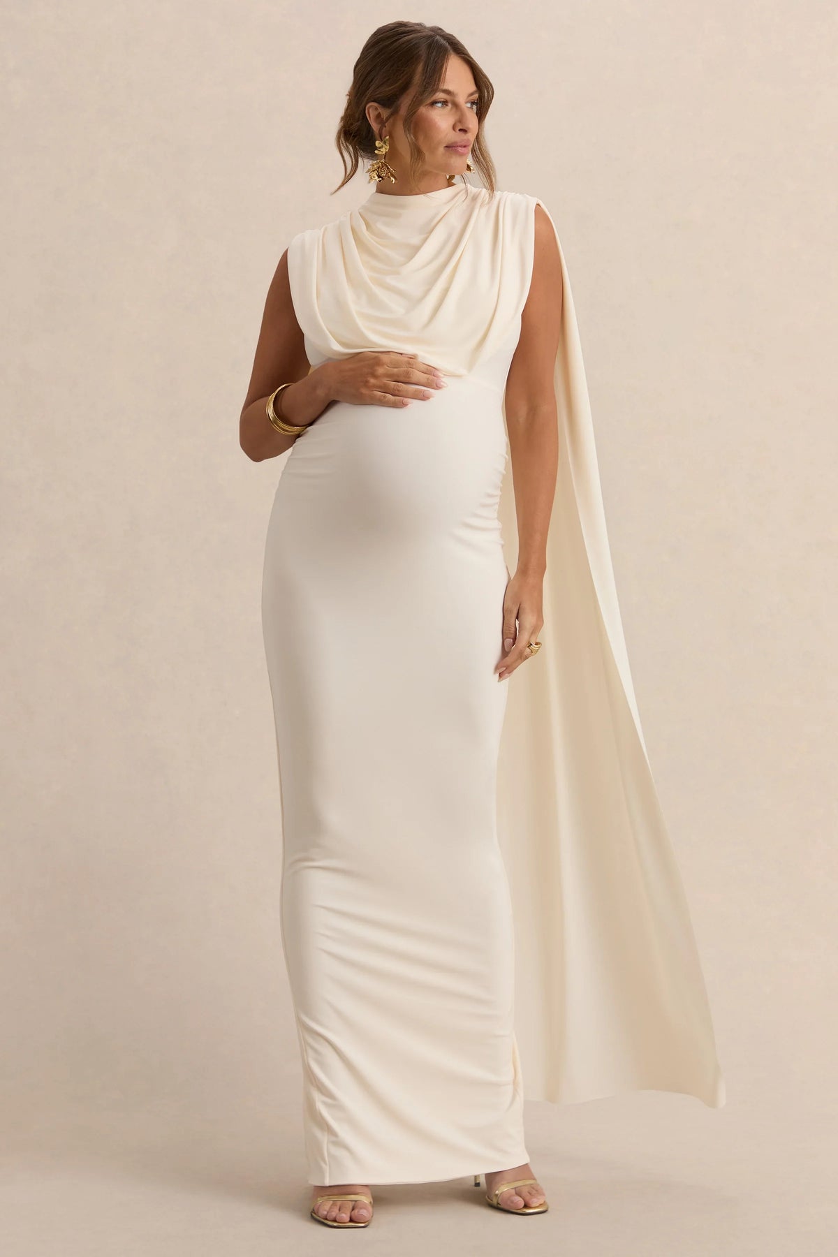 Belva Cream Round Neck Maternity Maxi Dress With Cape Detail