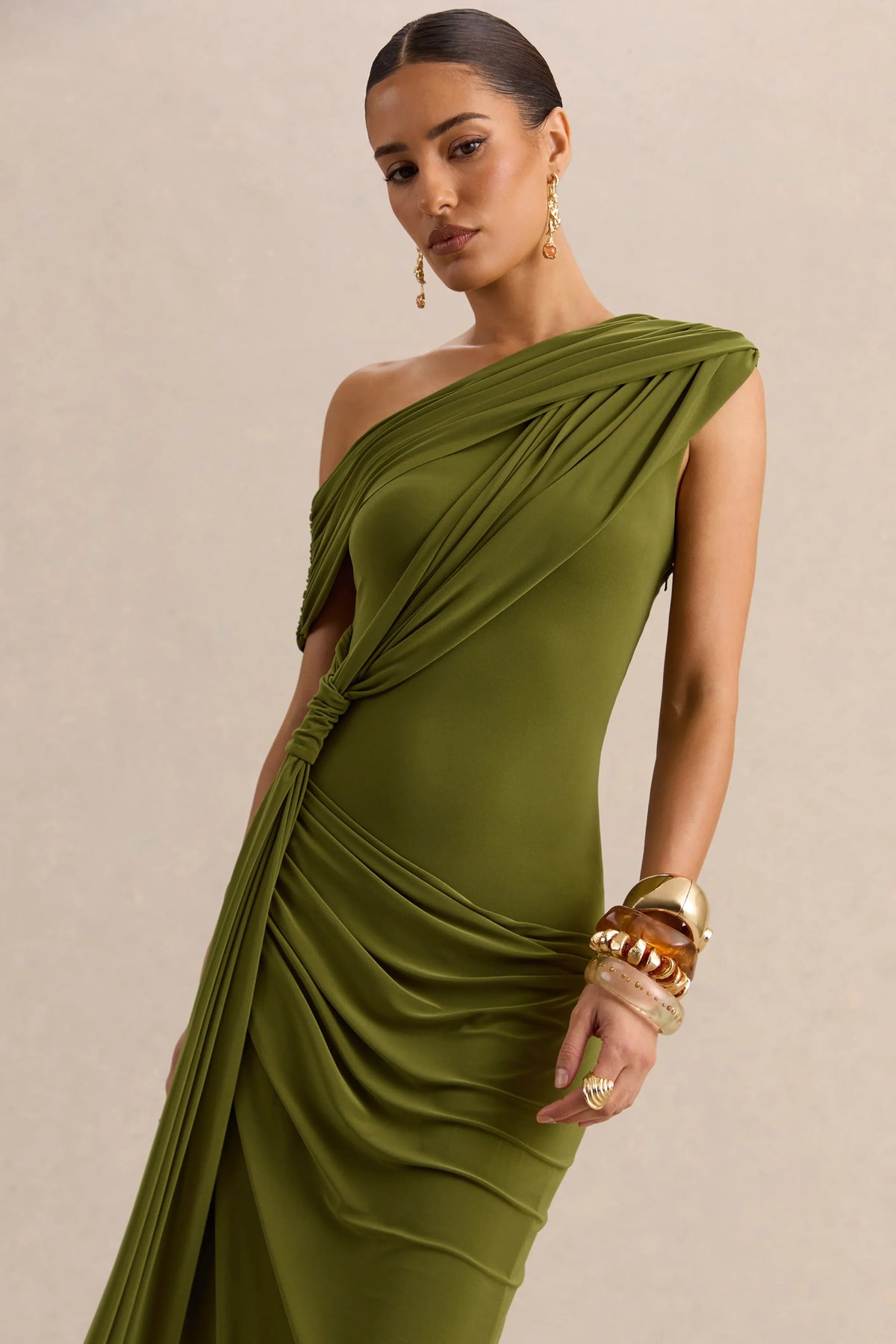 Avialee Green Asymmetric Neck Maxi Dress With Gathered Detailing And Sash