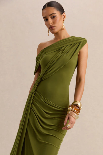 Avialee Green Asymmetric Neck Maxi Dress With Gathered Detailing And Sash