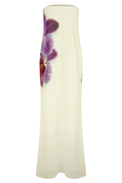 Amaya Strapless Chiffon Maxi Dress Ivory Koi Orchid Print