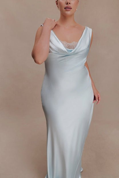 Ashley Cowl Neck Lace And Satin Maxi Dress Ice Blue