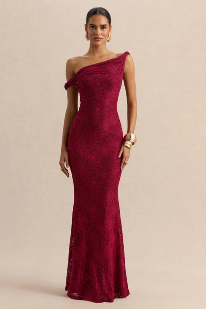 Afina Burgundy Lace Asymmetric Neck Maxi Dress