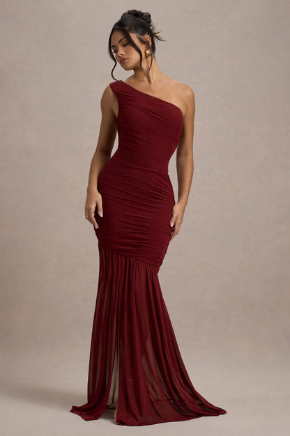 Bastia Burgundy Ruched Mesh Asymmetric Maxi Dress