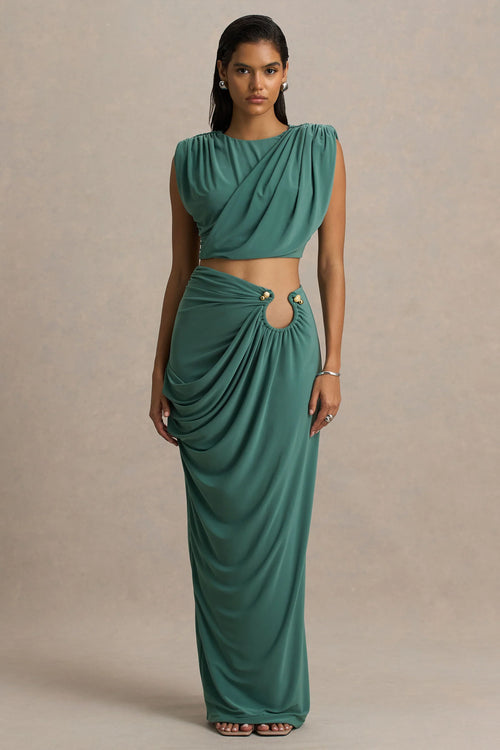 Avaline Green Wrap Maxi Skirt With Ruched Detailing