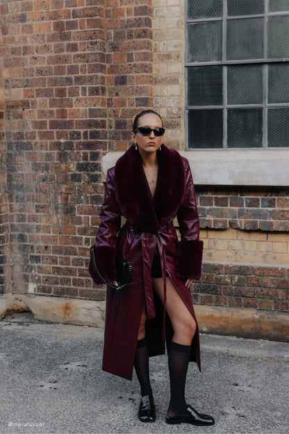 Bec Faux Leather Trench Coat With Faux Fur Cherry Red