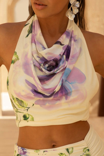 Calla Lilac Floral Placement Print High Neck Crop Top