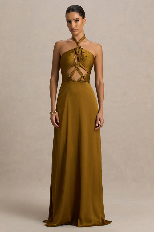 Aleera Olive Chiffon Halter Neck Maxi Dress With Cut Out Detail