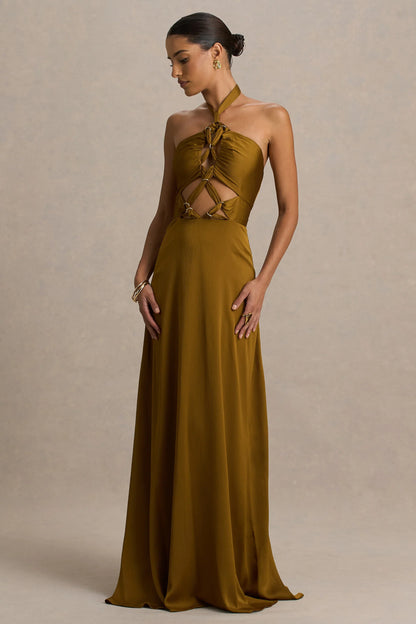 Aleera Olive Chiffon Halter Neck Maxi Dress With Cut Out Detail