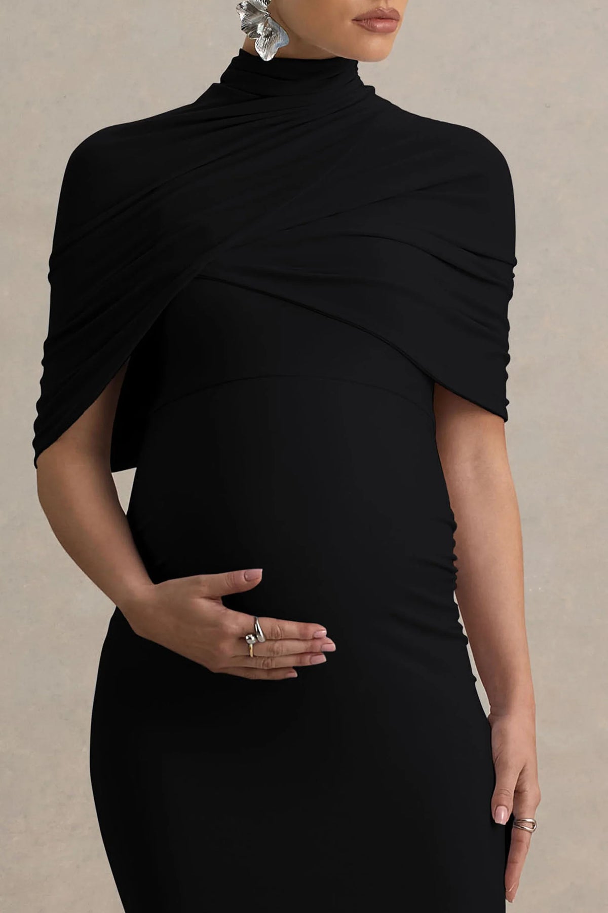 Augustina Black Maternity Midi Dress With Cape