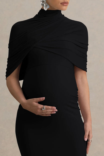 Augustina Black Maternity Midi Dress With Cape