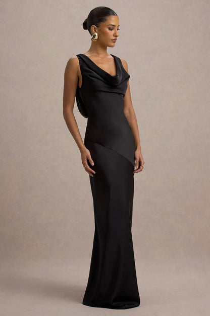 Alesso Black Satin Cowl Neck Slip Maxi Dress