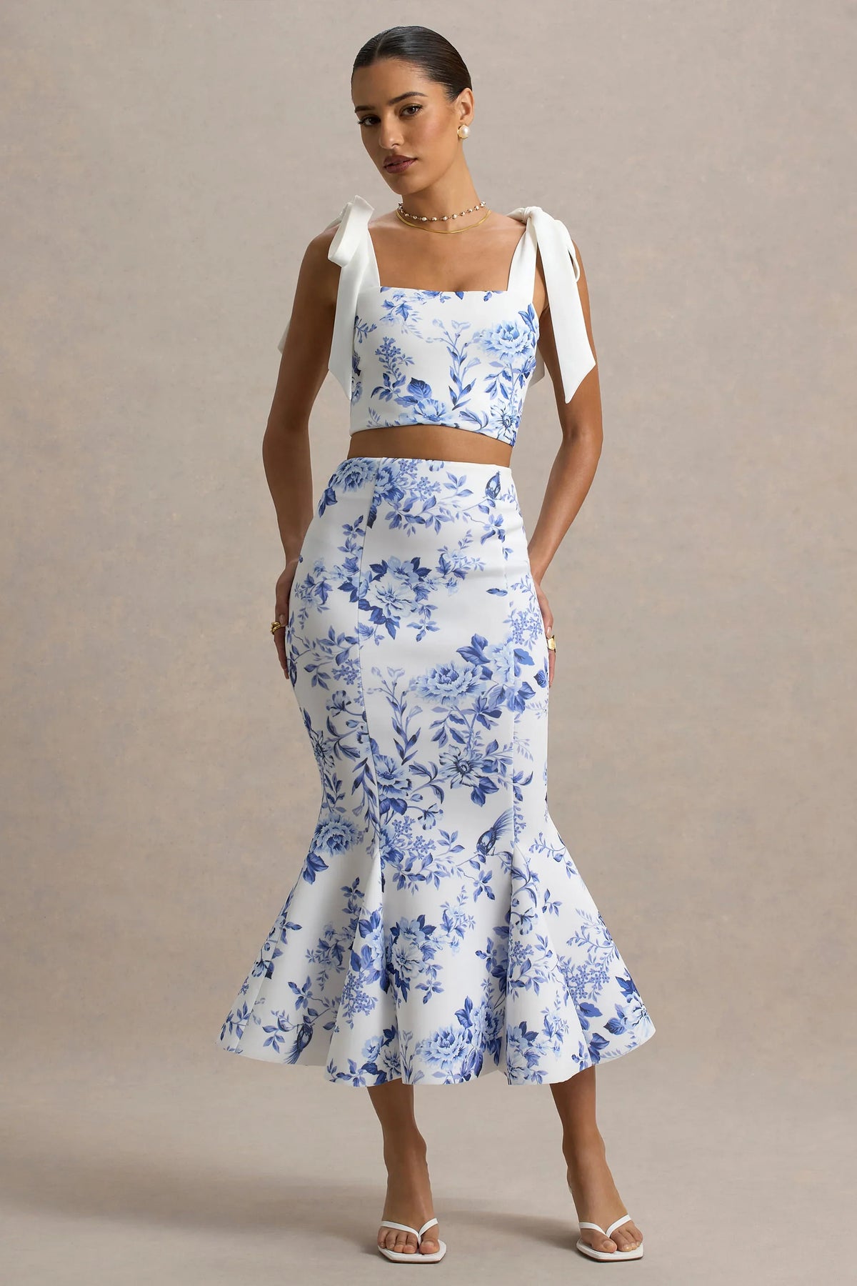 Amadea Blue Porcelain Print Fishtail Midi Skirt