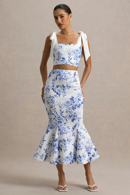 Amadea Blue Porcelain Print Fishtail Midi Skirt