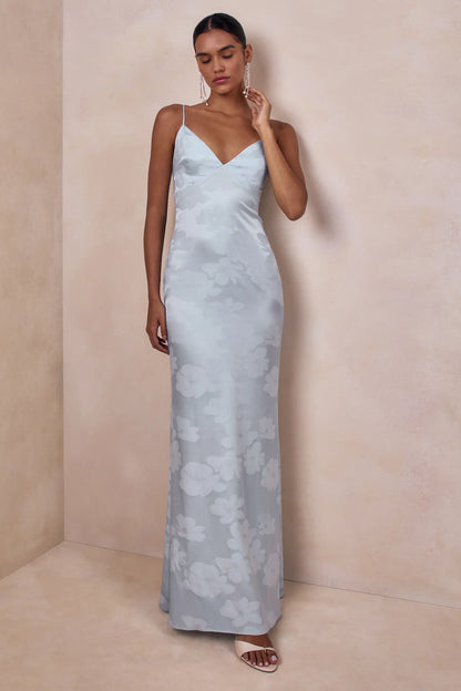 Carelle Powder Blue Satin Plunge Neck Maxi Dress With Asymmetric Drop Waist