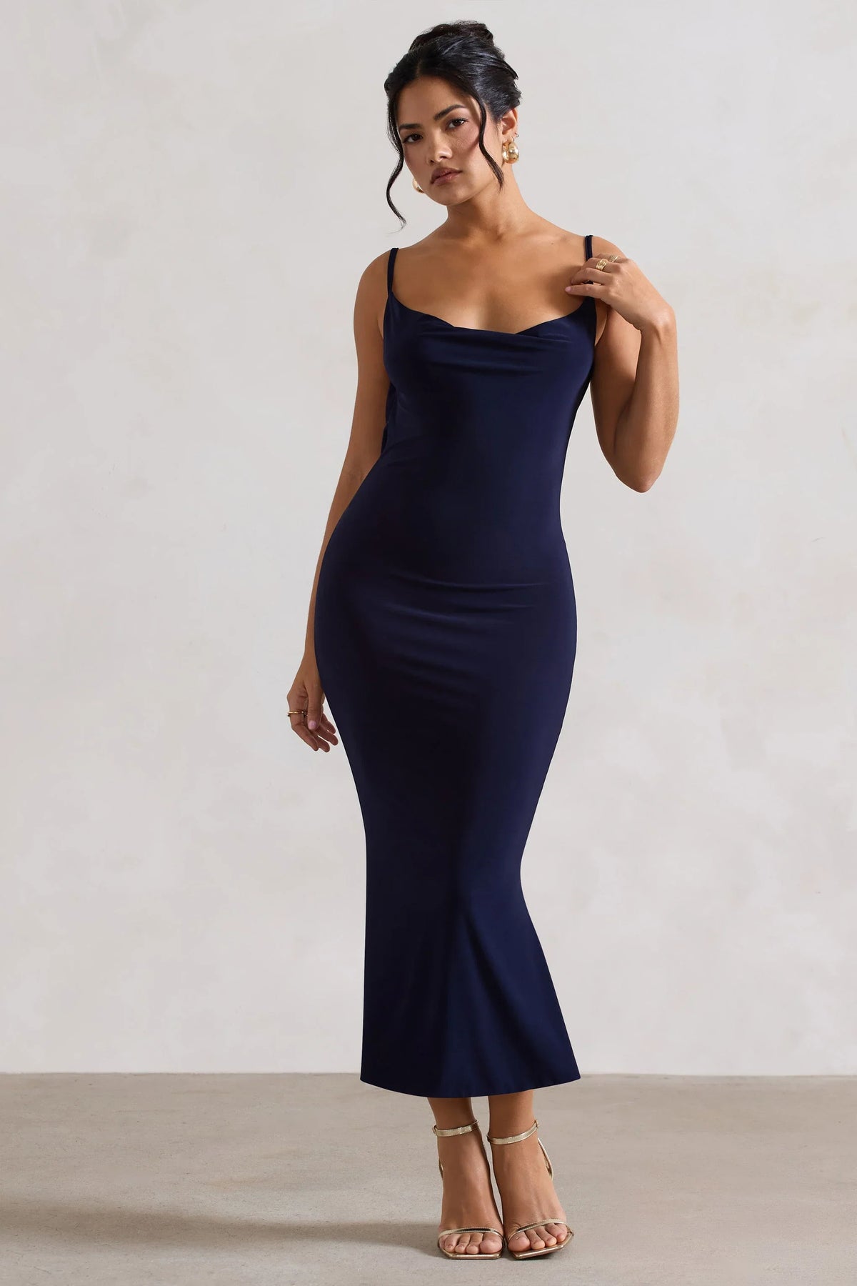 Addison Navy Cowl Neck Open Back Midi Dress With Lace
