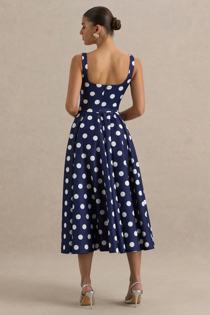 Berta Navy And White Polka Dot Square Neck Midi Dress