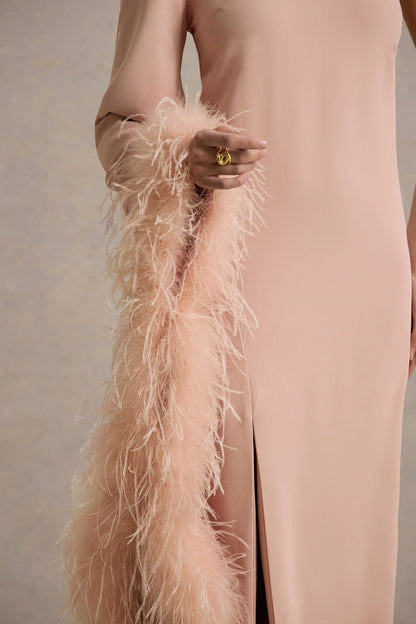 Armina Blush Pink One Shoulder Feather Trim Maxi Dress