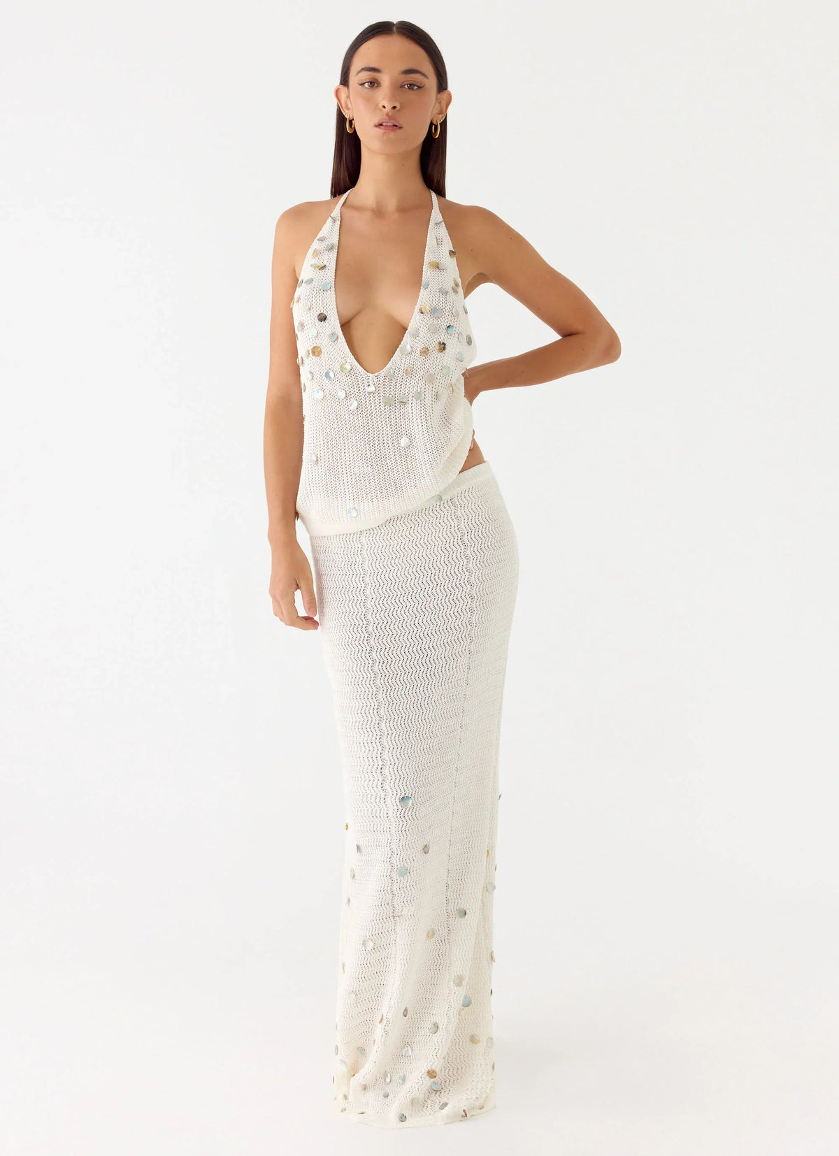 Adelaida Beaded Crochet Maxi Skirt Ivory