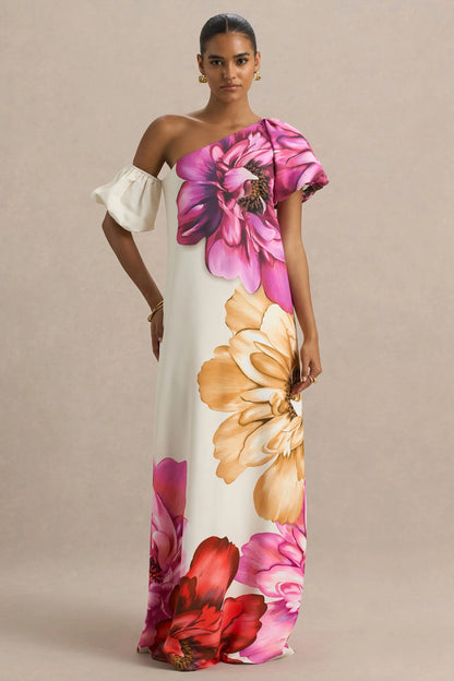 Anastasia Large Multi Floral Print Asymmetric Neck Maxi Dress