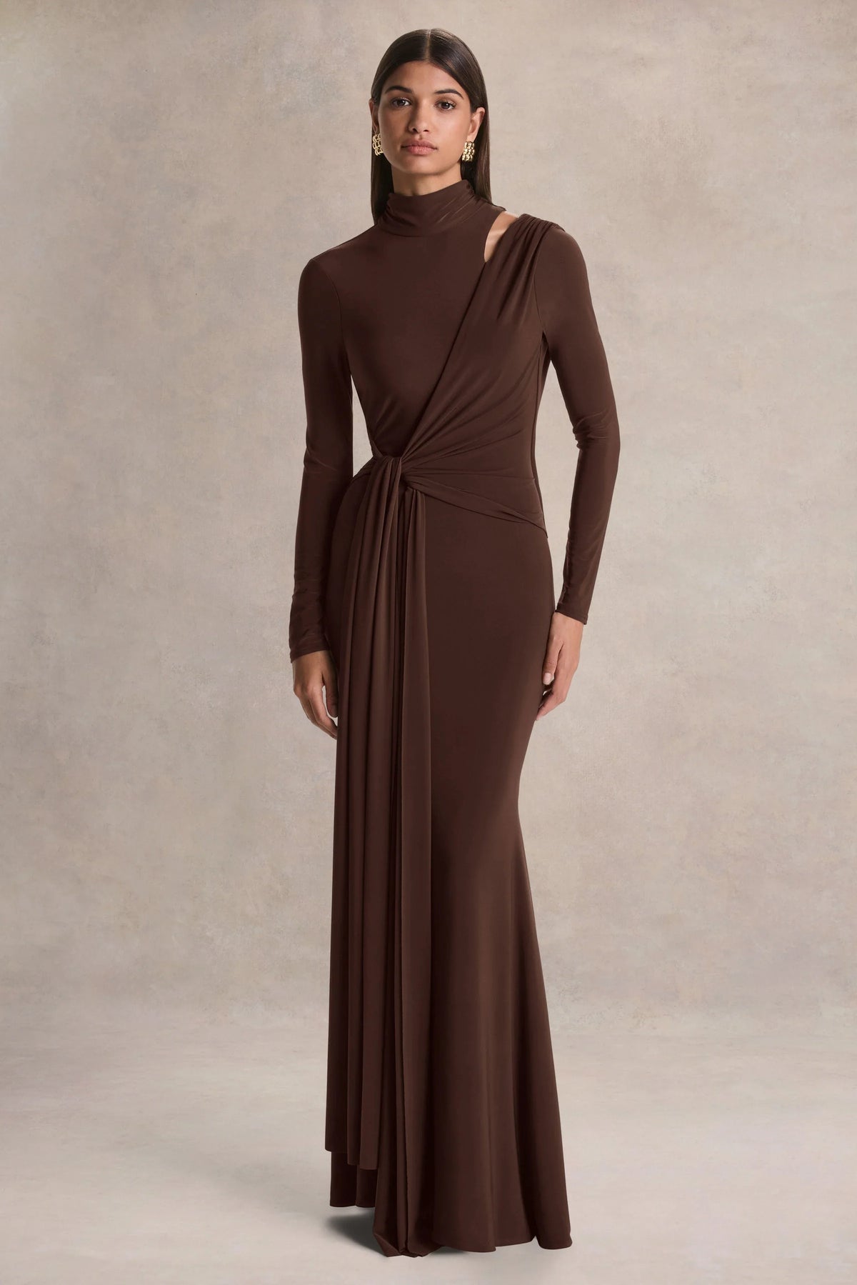 Alastrina Brown High Neck Maxi Dress With Gathered Detailing