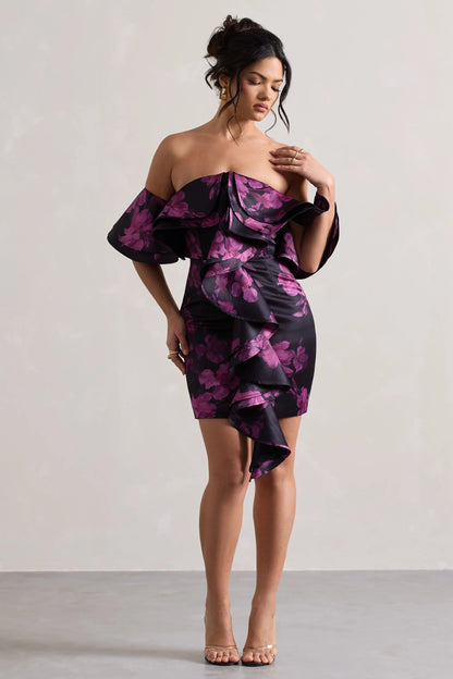 Aspen Black Floral Print Bardot Mini Dress With Ruffles