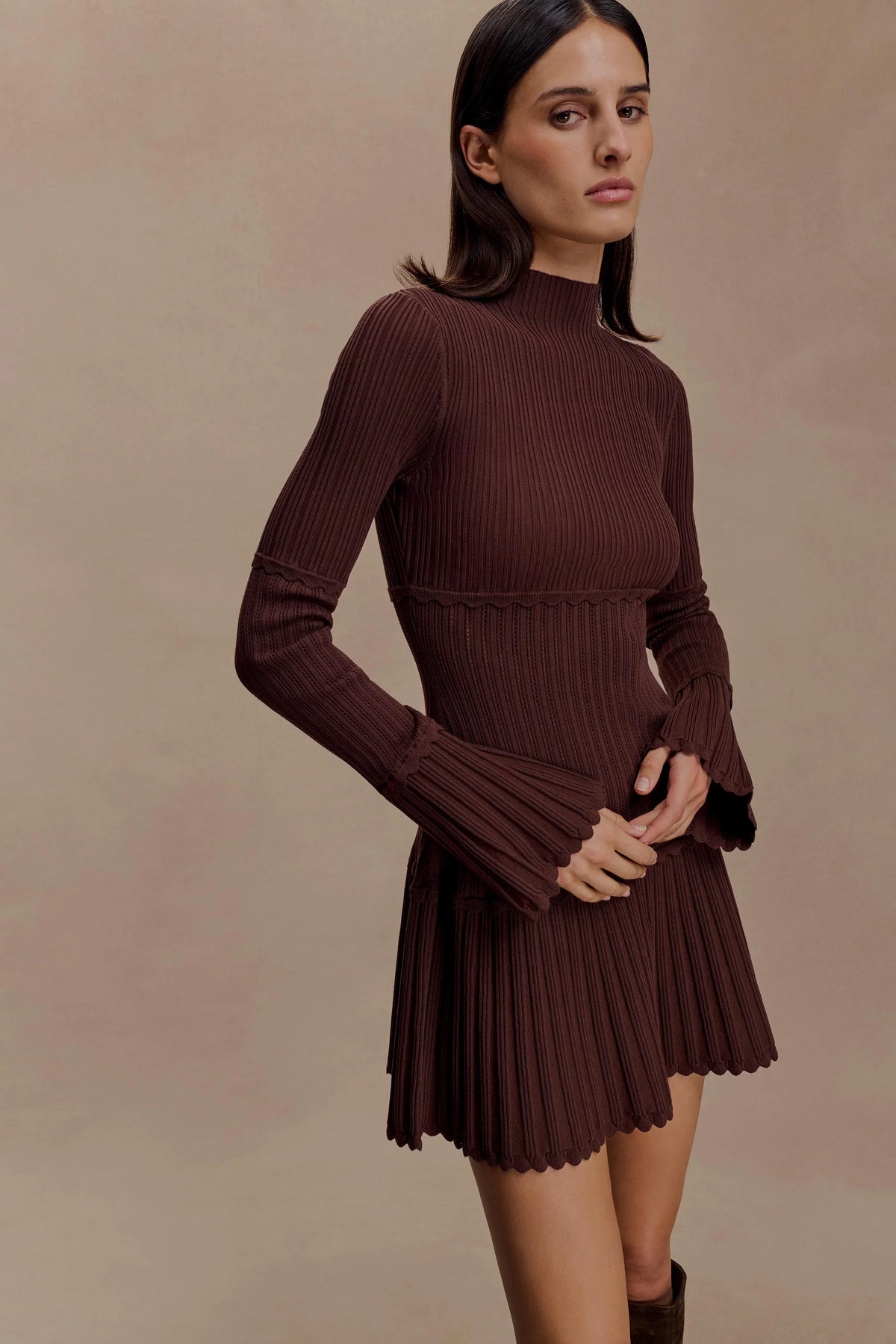 Adena Pointelle Knit Mini Dress Chocolate