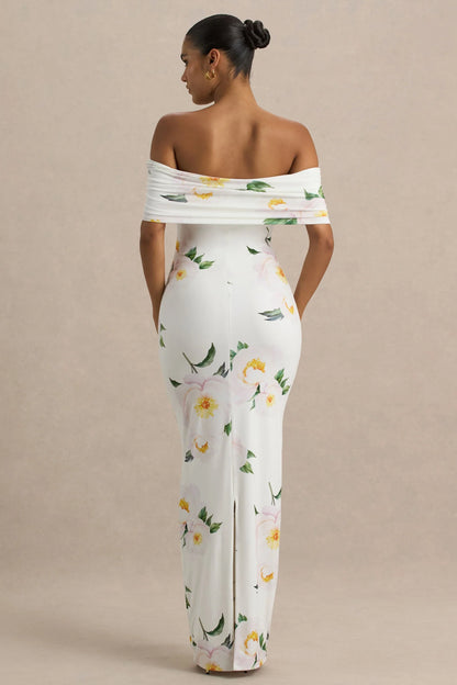 Capri White Rose Print Bardot Neck Maxi Dress With Ruched Detailing