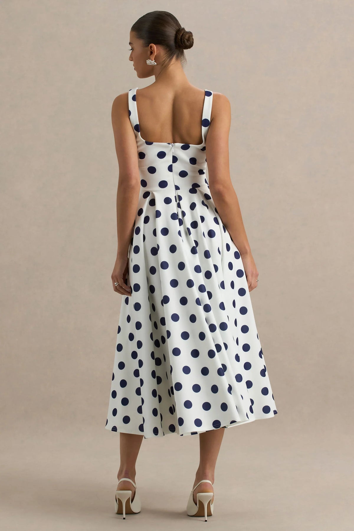 Berta White And Navy Polka Dot Square Neck Midi Dress