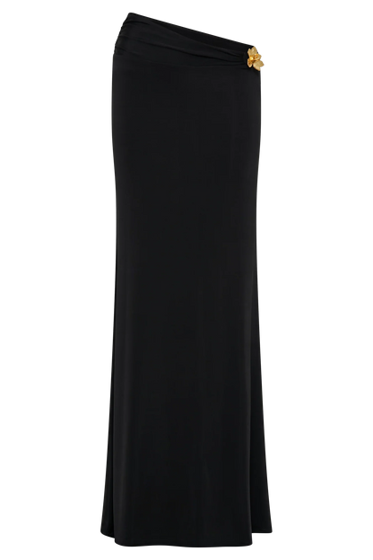 Ainsley Asymmetrical Maxi Skirt With Floral Hardware Black