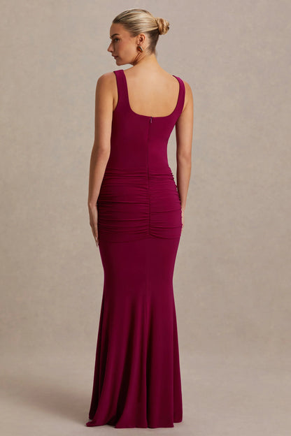 Baylin Burgundy Square Neck Maternity Maxi Dress With Ruched Detailing And Sash